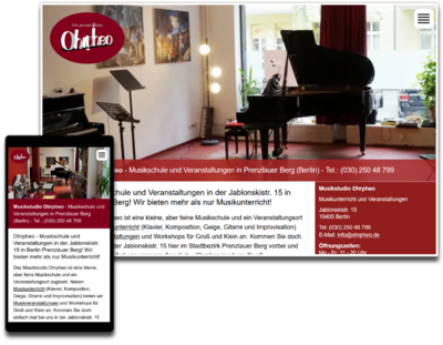 Screenshot Webauftritt Musikschule 'Musikstudio Ohrpheo Berlin (2023 überarbeitet)